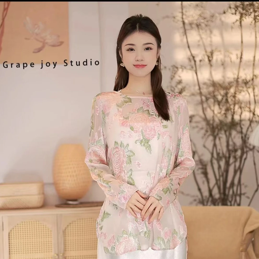 长袖修身常规套头打底中式衬衫上衣百搭打底衫圆领花色防晒衣