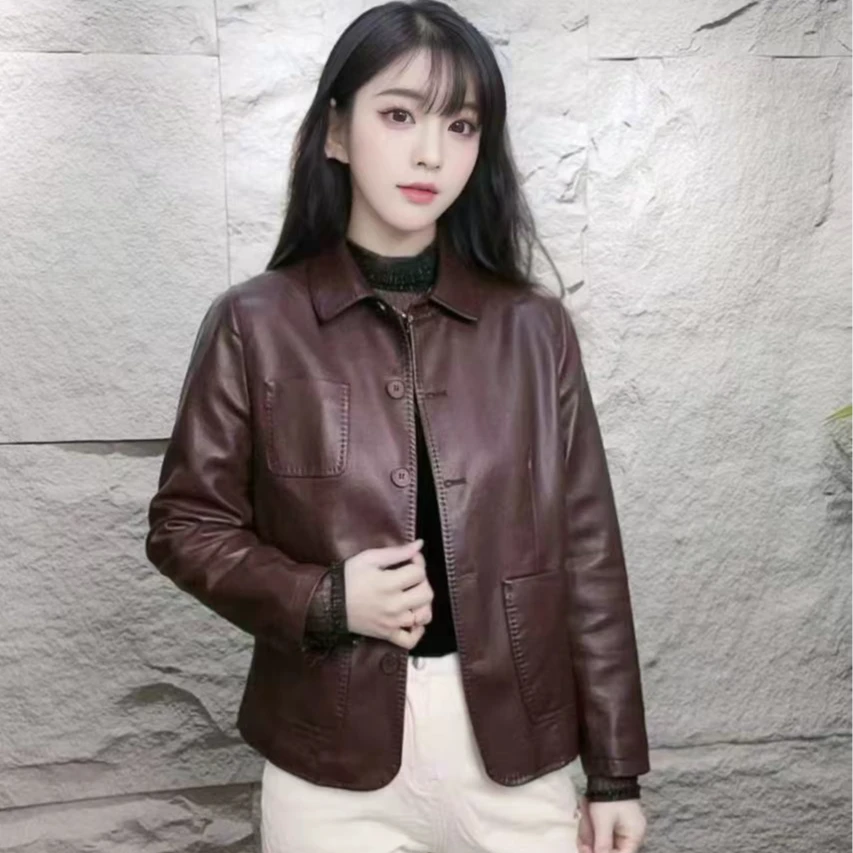 【单里衬薄款】海宁正品2025春季新款时尚翻领气质皮衣外套女（09）