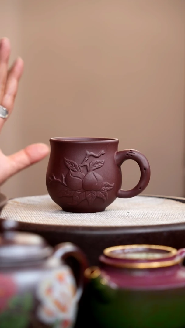 茶壶紫砂紫泥寿桃手把杯