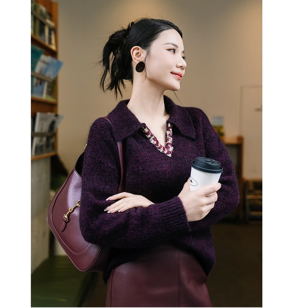 谭飞【璀璨套头毛衫】秋新款显白无花果红减龄贵气感V领套头毛衫
