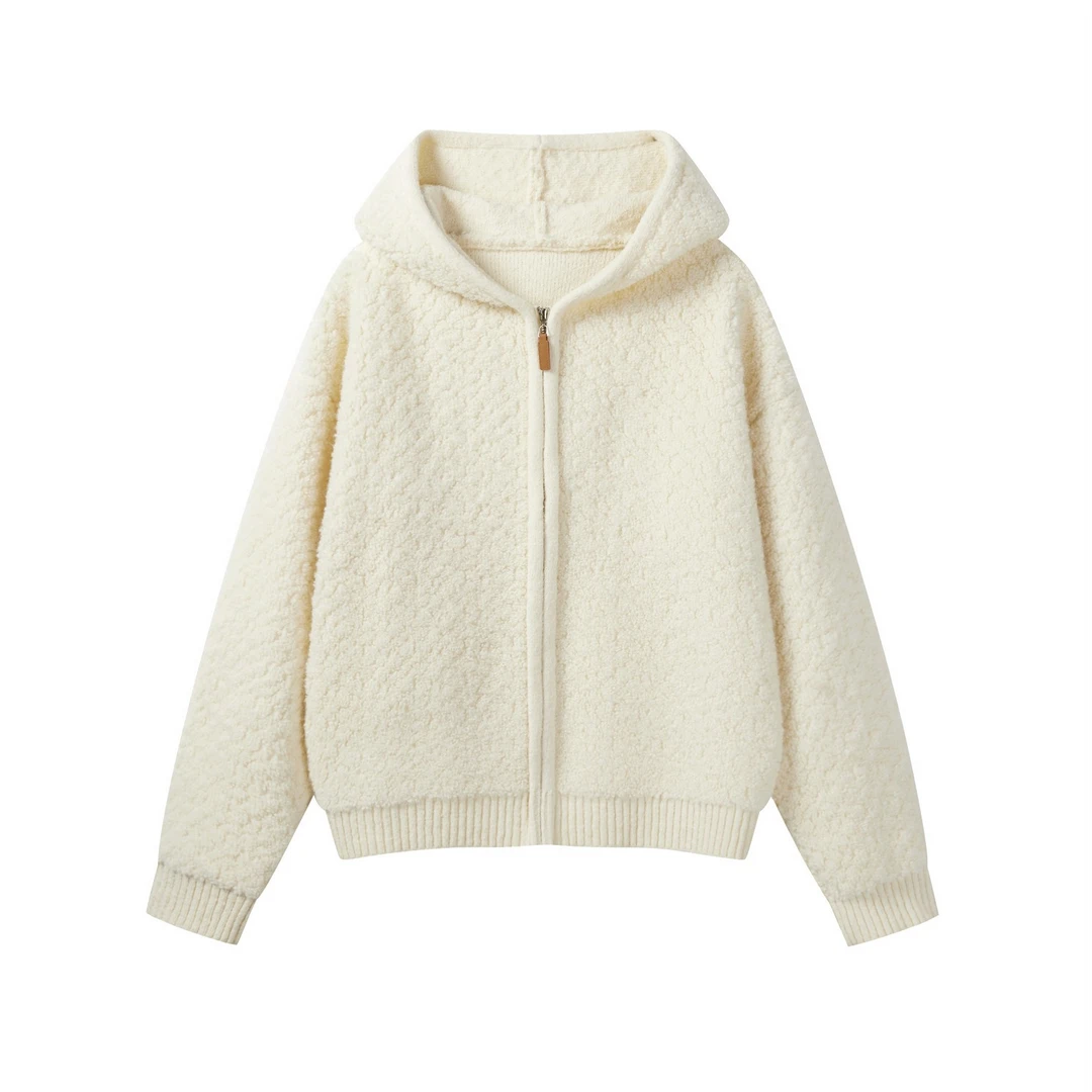 羊城故事-绵羊毛慵懒纯色连帽毛衣短外套女肌理感针织上衣80005