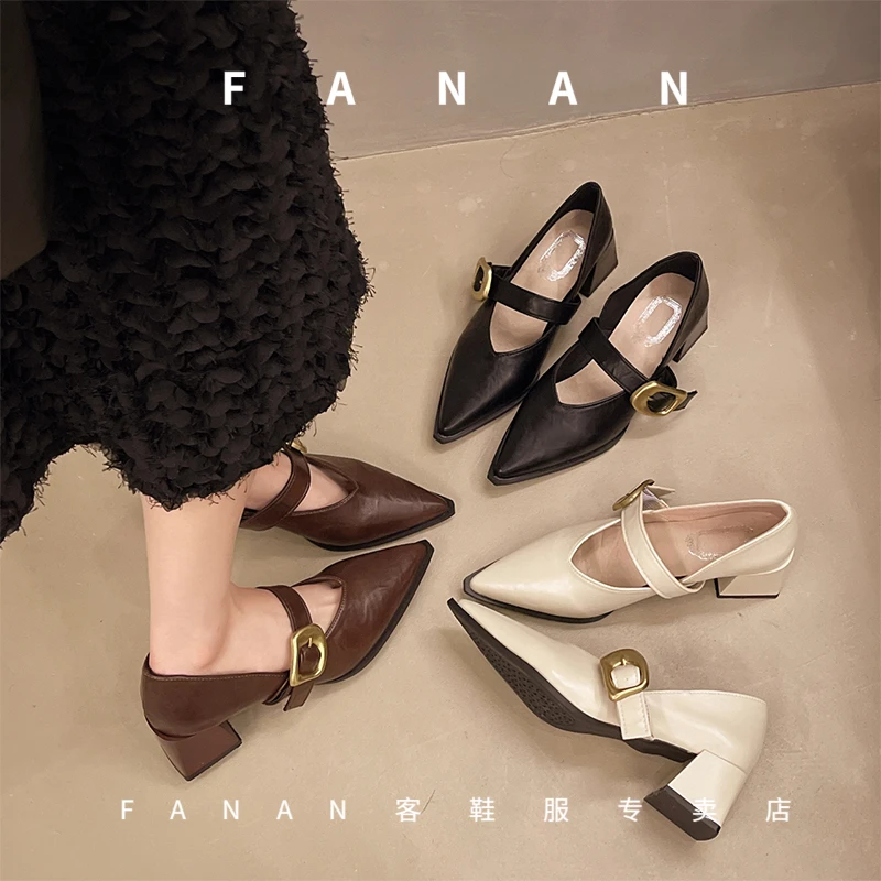 法式晚晚风一字带黑色玛丽珍鞋女气质百搭低跟单鞋秋新款高跟鞋