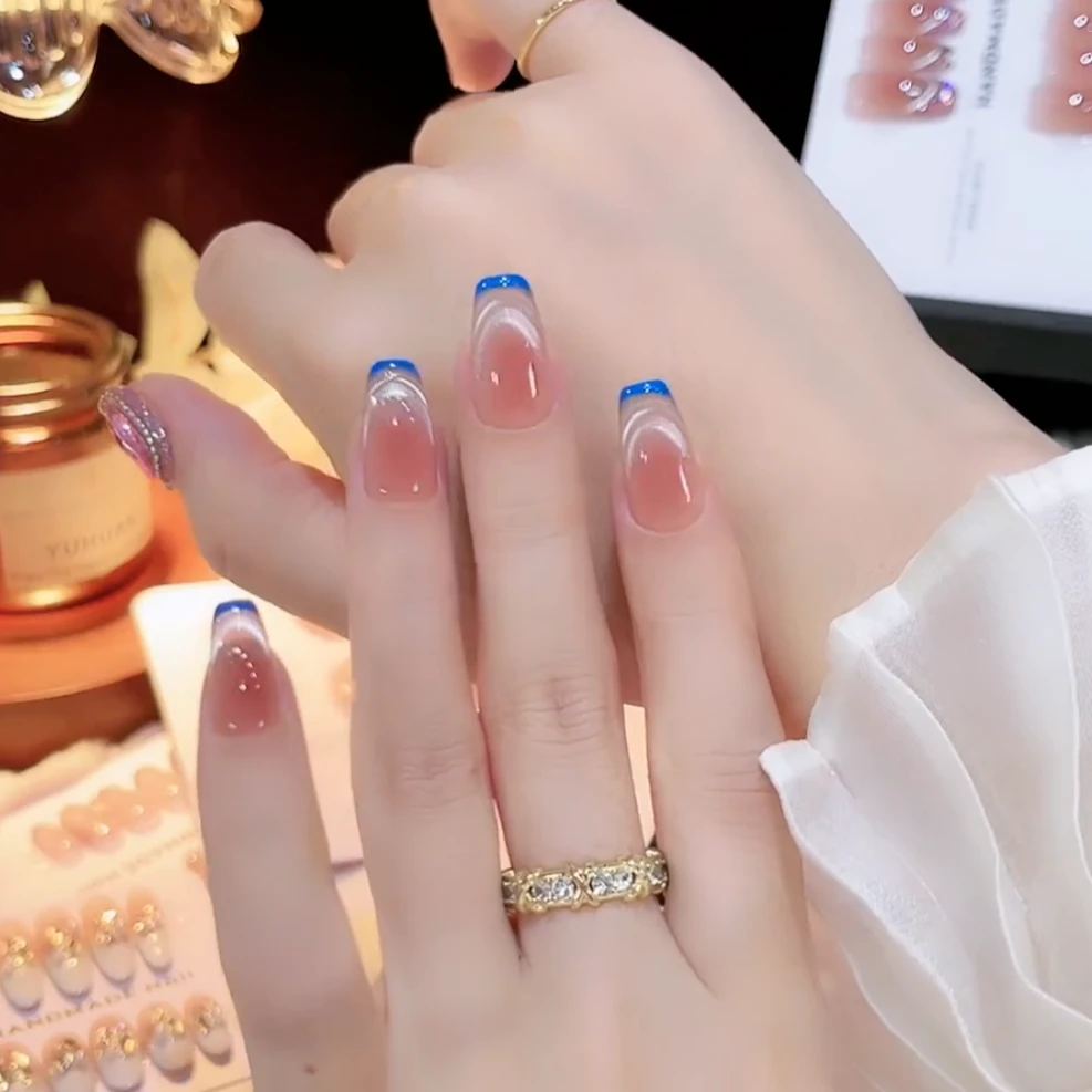 【蓝调】夏日蓝色法式微笑猫眼手工穿戴甲短款气质显白美甲穿戴甲片