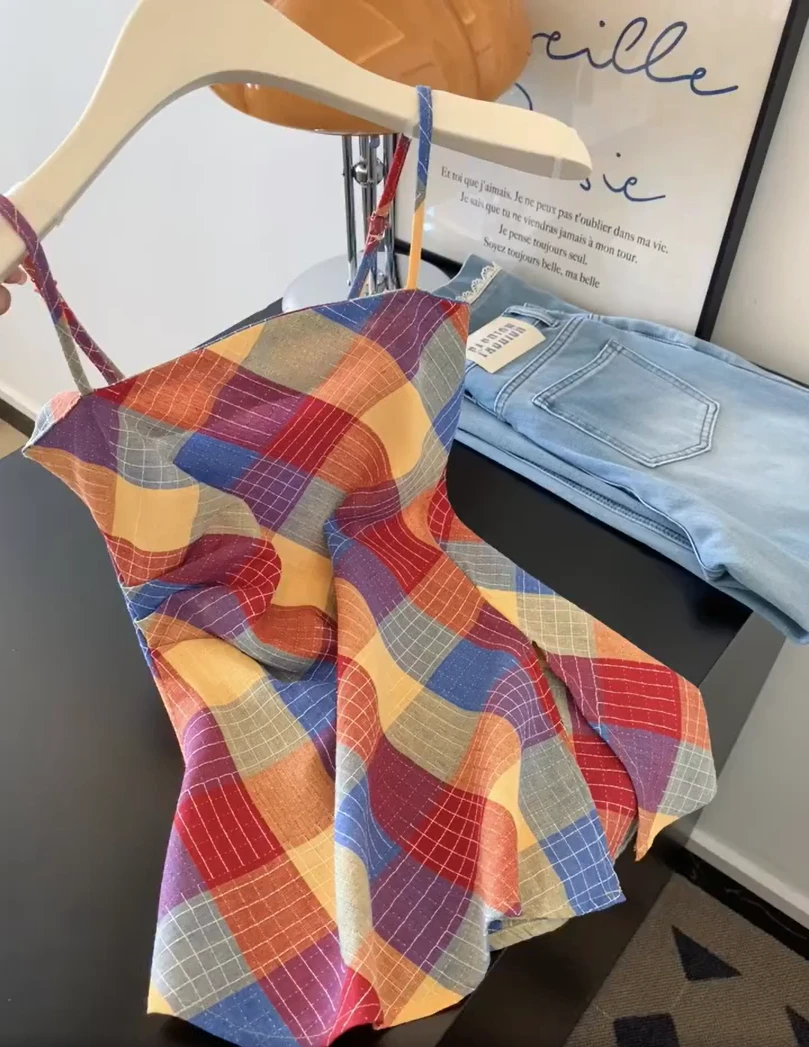 2025度假风多巴胺彩色格纹吊带背心女夏季收腰连衣裙辣妹无袖上衣