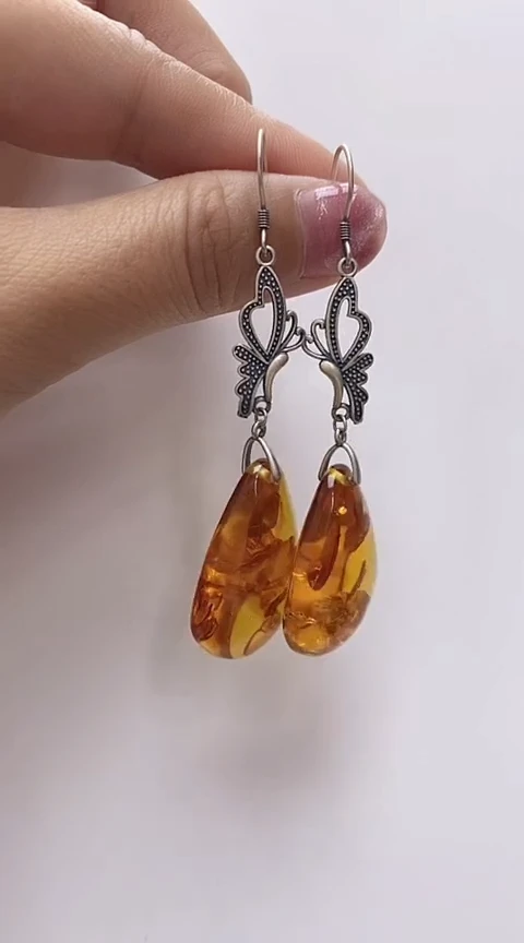 【闪购商品】琥珀裸石银S925镶嵌花珀耳坠