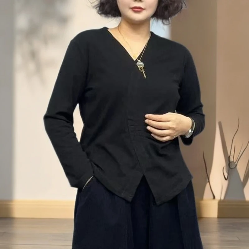 （亿派）秋冬季新款时尚v领长袖弹力开叉显瘦打底百搭洋气上衣