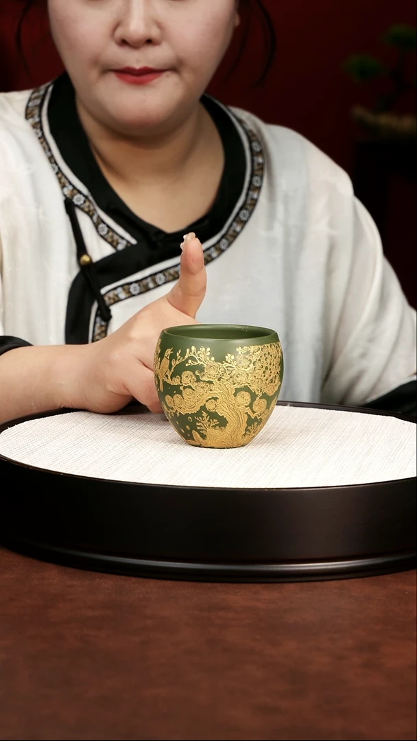 茶壶紫砂宜兴紫砂 描金水缸杯民国绿