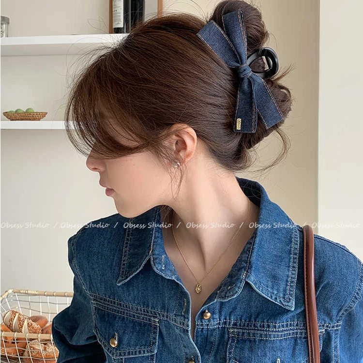 韩系时髦牛仔蝴蝶结抓夹2025新款高级感发夹后脑勺大号鲨鱼夹头饰