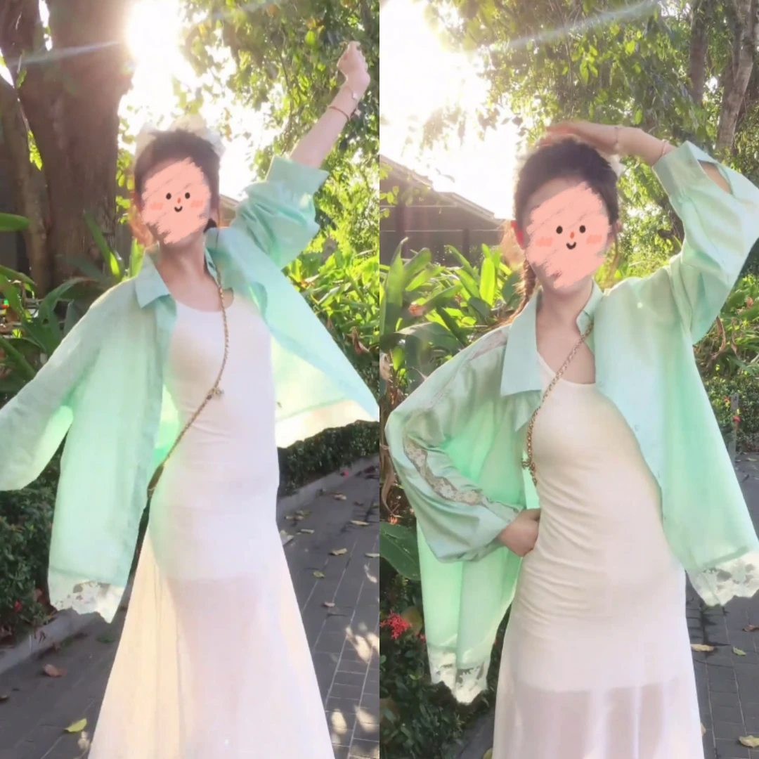 薄荷曼绿长袖防晒衣衬衫+网纱拼接吊带长裙连衣裙女2025夏季新款
