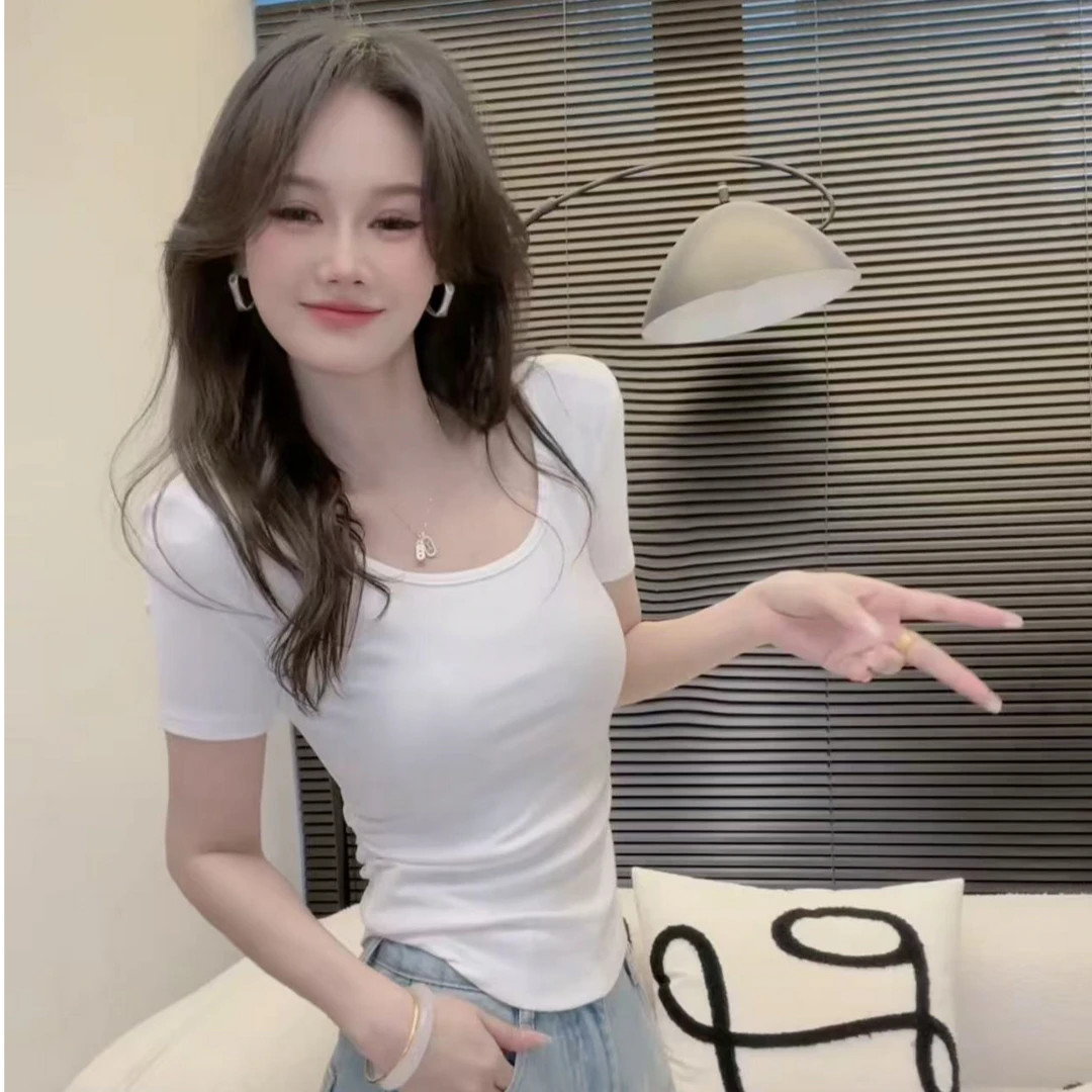 【DXJ家定制】夏季新款大U领后背镂空修身蕾丝拼接款短袖A037