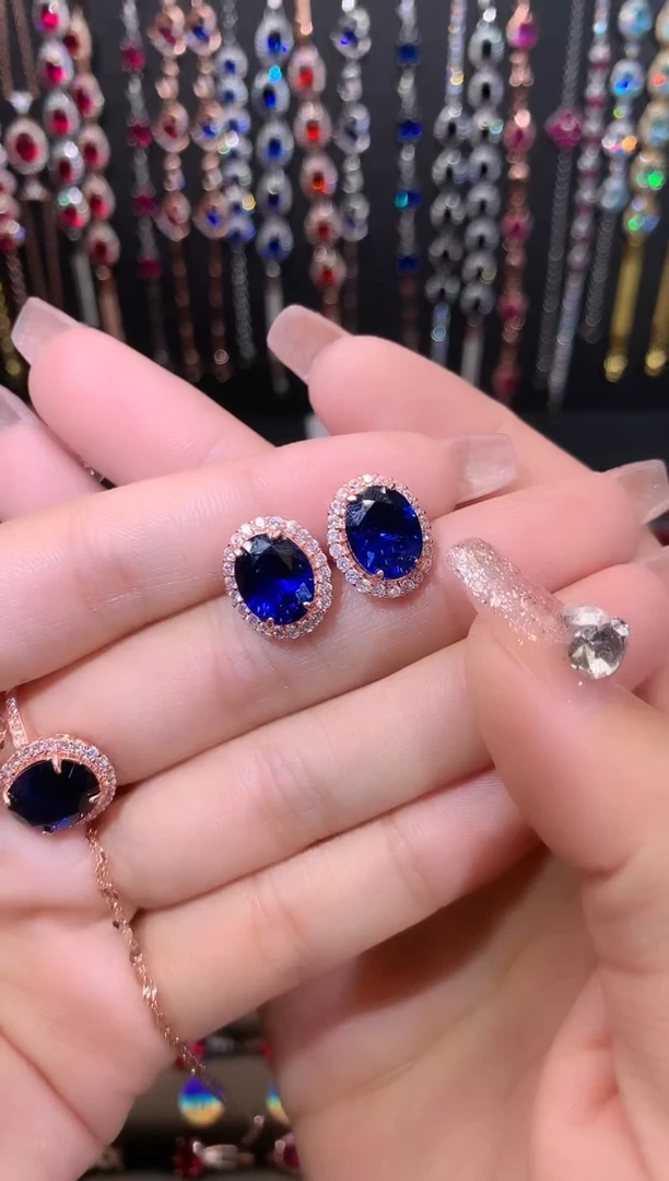 【闪购商品】蓝宝石耳饰银S925镶嵌玫瑰金810