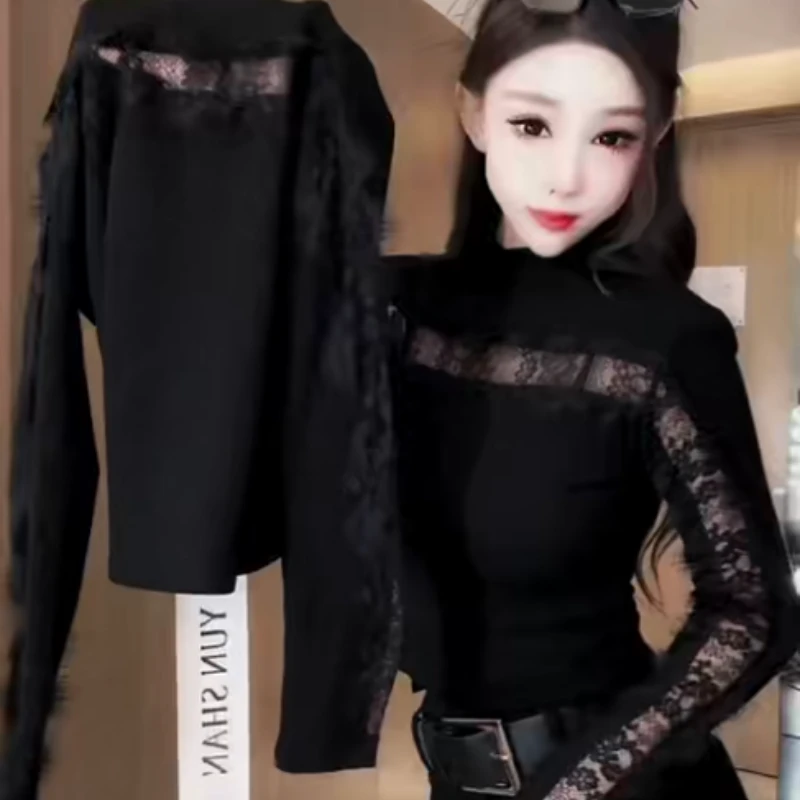 纯欲微透性感蕾丝加绒保暖镂空百搭大小姐ins遮肉显瘦漂亮打底衫
