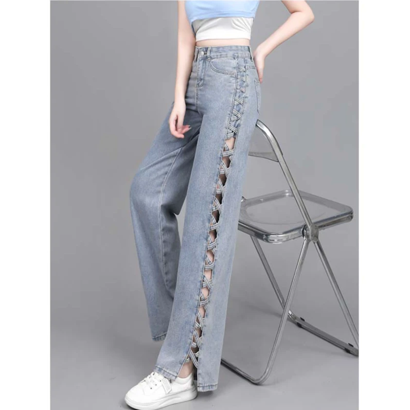 辣妹阔腿镂空高腰直筒垂感牛仔裤春夏风牛仔长裤百搭显瘦薄款宽松