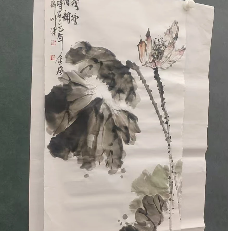 李川浦-手绘国画-5-0-现场-荷花-托底-客厅办公室挂画
