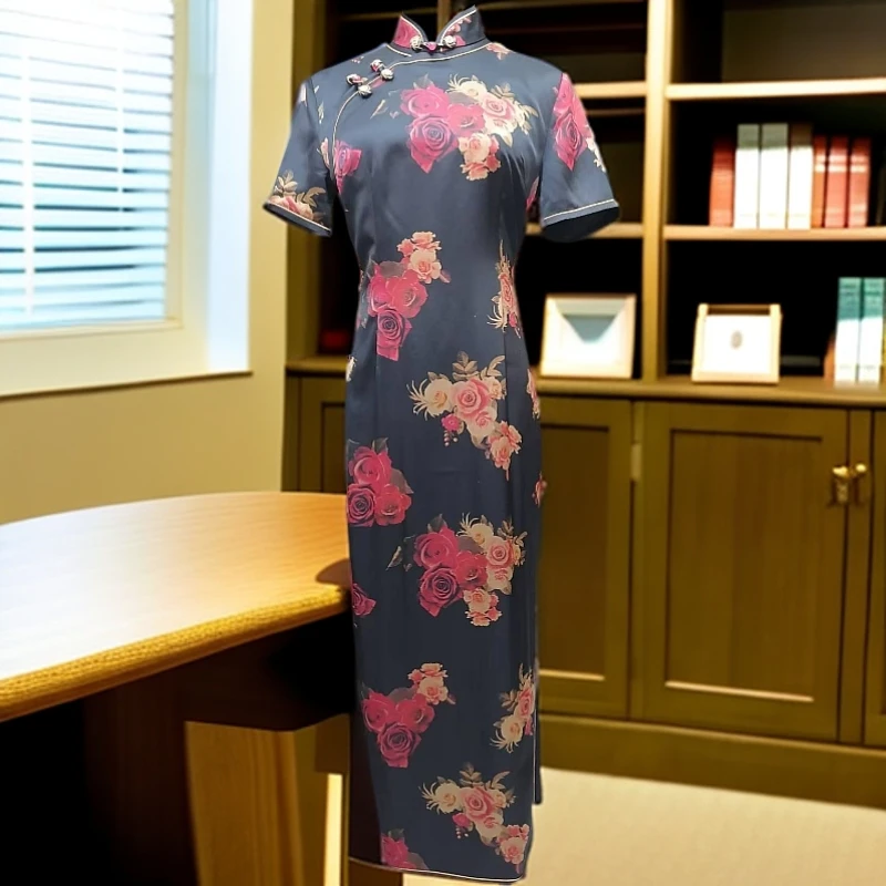 【夏雨004】气质三色玫瑰花春夏季旗袍时尚舒适复古长款礼服香云纱