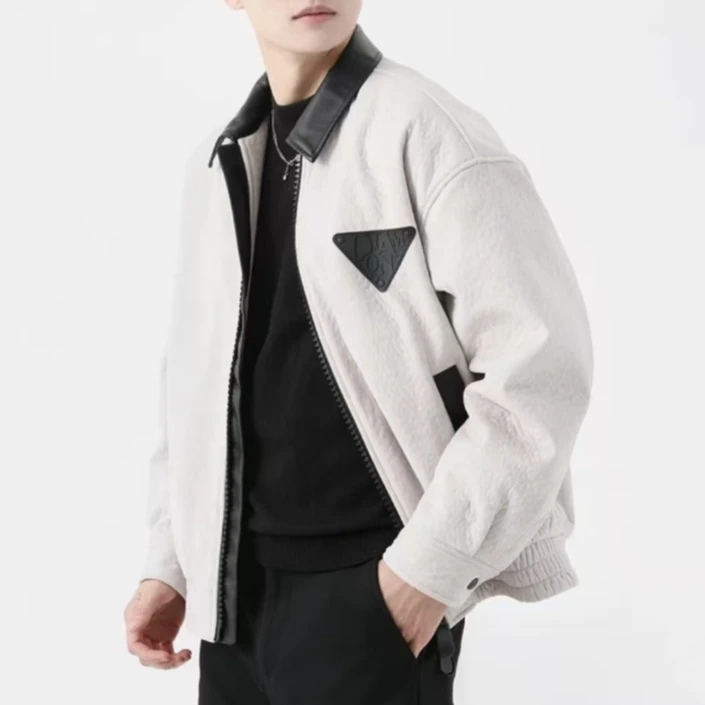 男士加毛加厚外套宽松拼接翻领时尚抗寒加绒夹克冬季美式一体绒