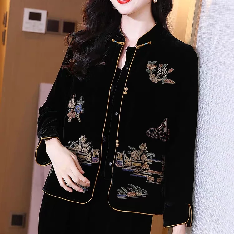 新中式中年女装金丝绒套装秋季刺绣花洋气质妈妈装时尚外套两件套