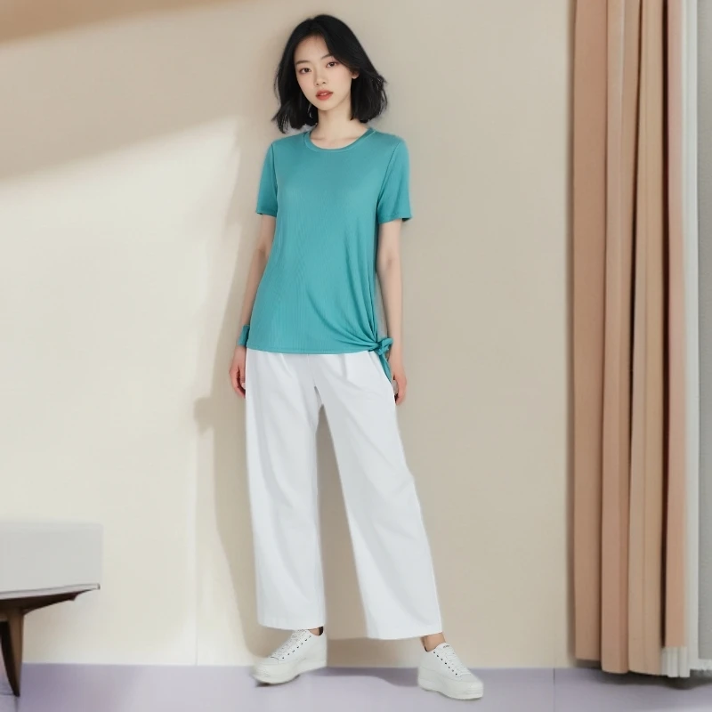 7B174 2下摆系绳短袖圆领夏季宽松型纯色时尚半袖T恤家居时装衫