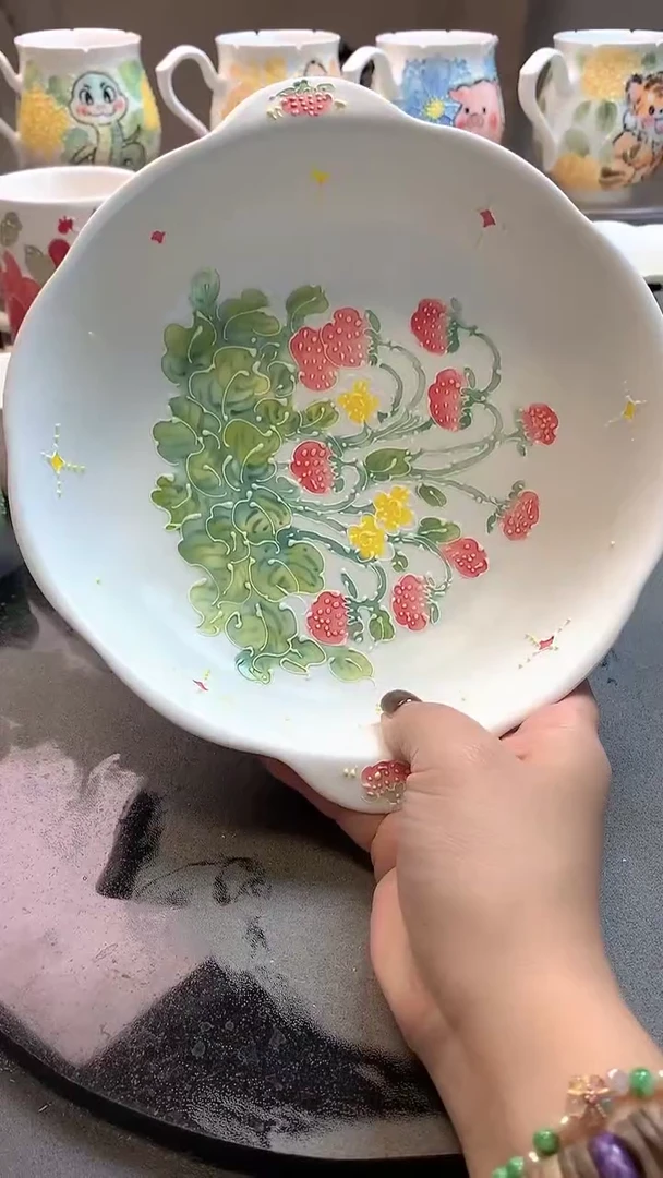 一味*手绘*双耳草莓盘