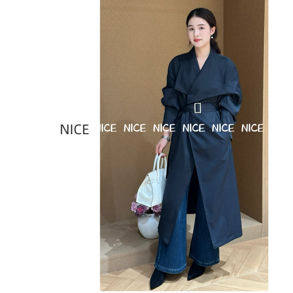 NICE【云絮】常规款中长款大衣风衣翻领宽松秋季系带长款女休闲风