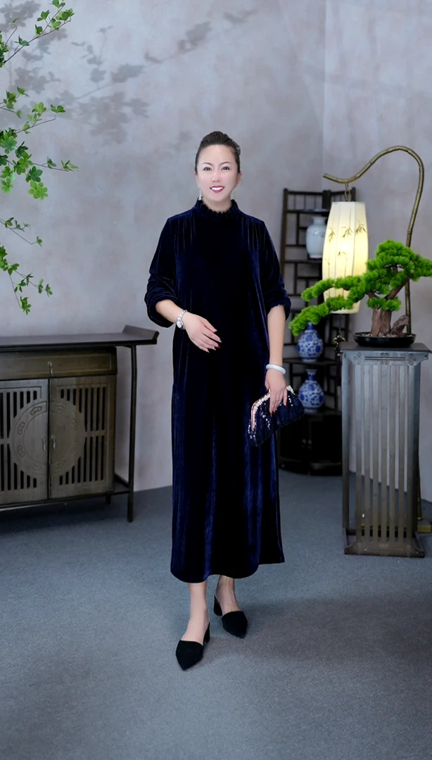【MIAOCI】L9060新品轻奢时尚小立领丝绒连衣裙