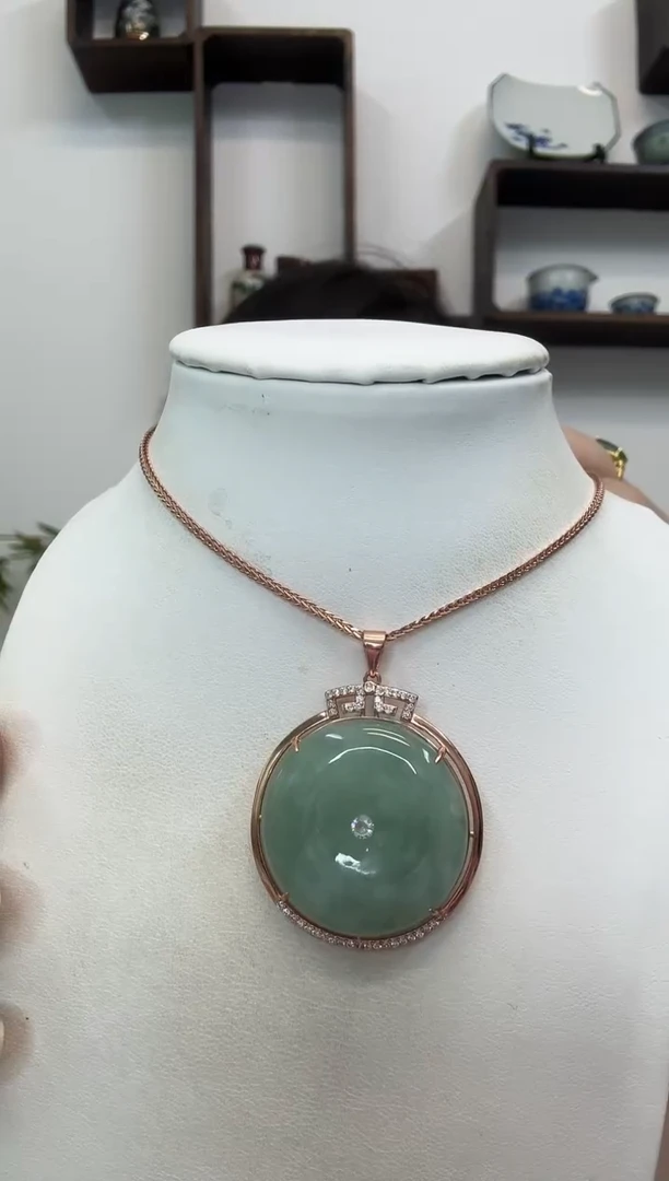 吊坠(赠链)银S925镶嵌翡翠平安扣玫瑰边