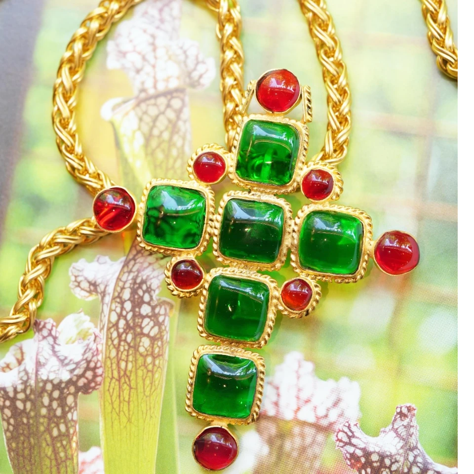 95新 Chanel/香奈儿 柚礼中古/香奈儿十字红绿琉璃项链CV505008