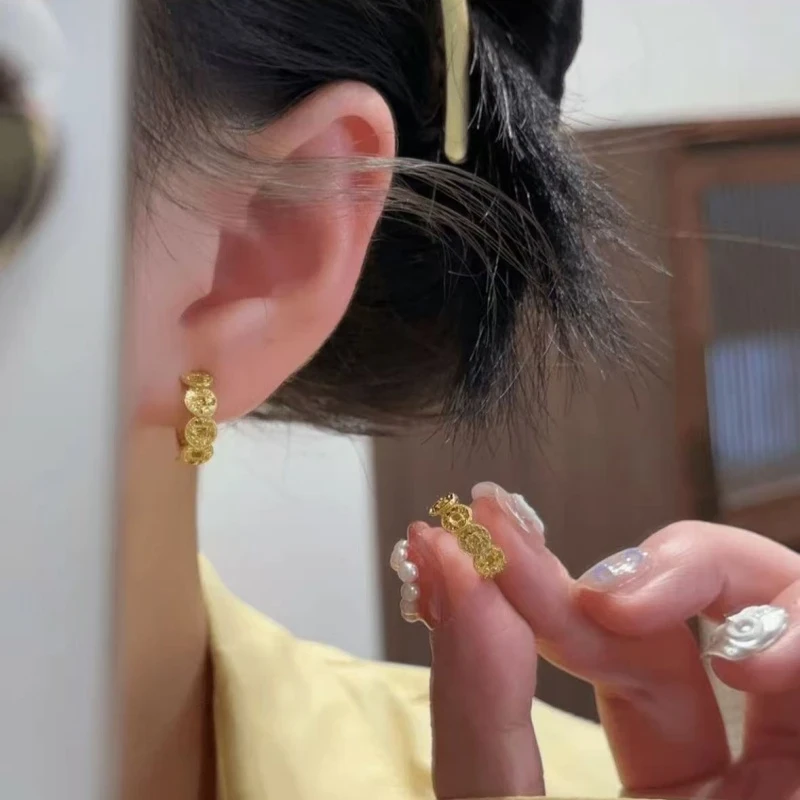 新中式复古亮闪碎冰冰耳扣个性百搭气质小众金色耳环