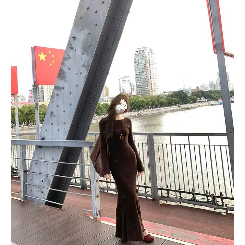 雅韵流光秋冬气质双色花朵鱼尾针织裙女长款连衣裙a字裙