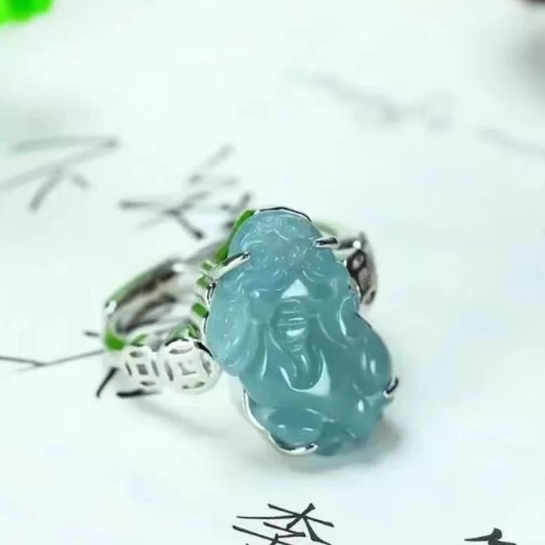 【华之京】天然A货翡翠蓝水貔貅戒指 时尚戒指 大小内口径自由调节