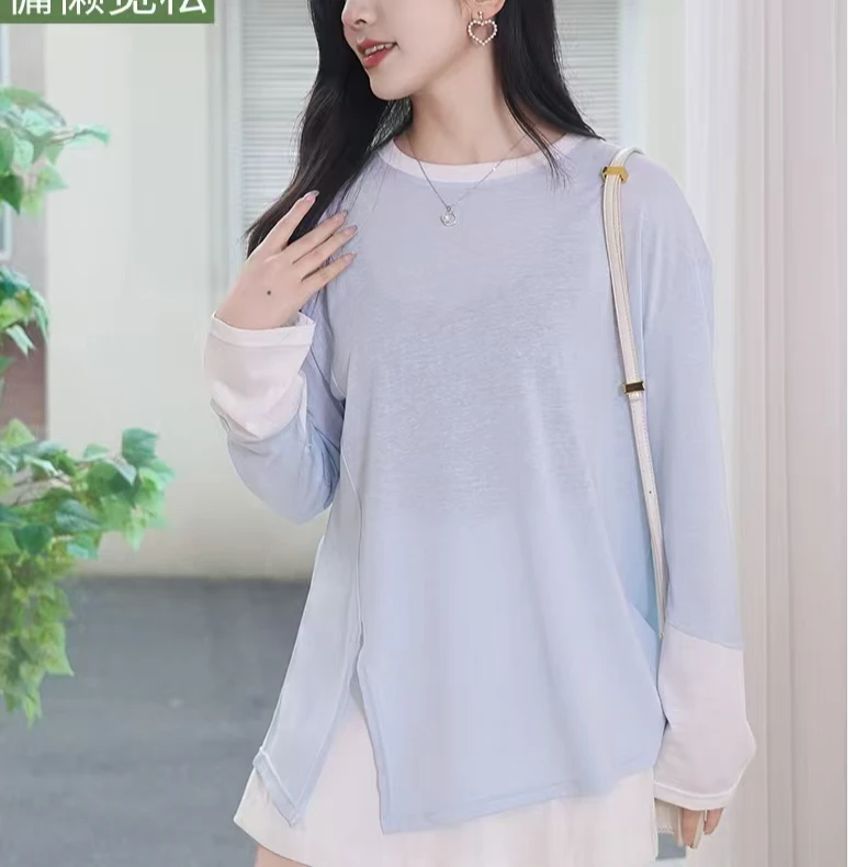 莱赛尔休闲风时尚纯色上衣夏季圆领套头拼接长袖面膜衣空调衫