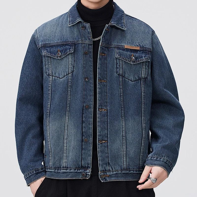 秋冬加厚加绒抗寒保暖美式翻领修身版时尚百搭男士牛仔外套夹克