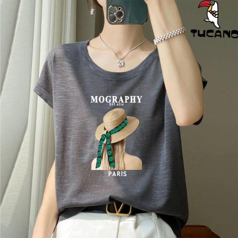 啄木鸟夏季薄款设计感印花显瘦上衣女士宽松雪花棉短袖圆领T恤