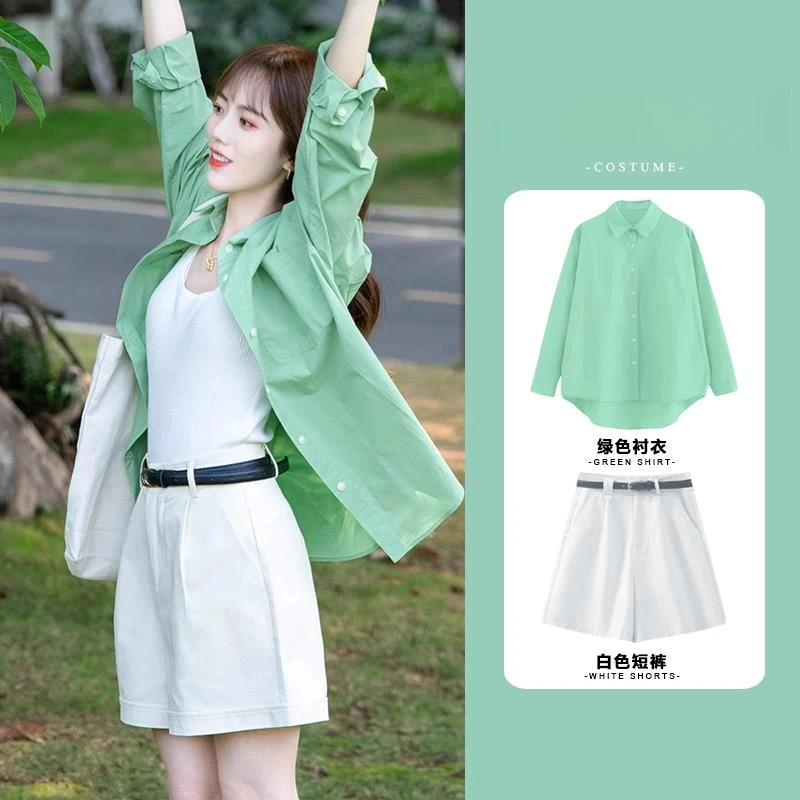 夏季出游穿搭一整套2025新款干练气质休闲女防晒衬衫运动两件套装