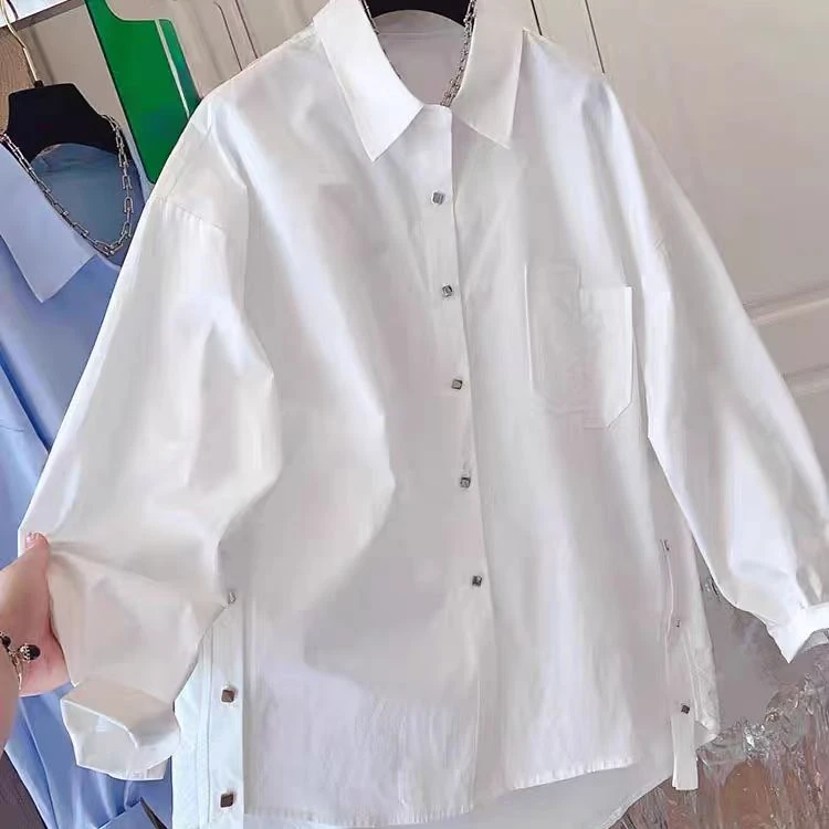 白色棉麻衬衫女2025春装新款韩版宽松下摆开叉长袖牛津纺衬衣上衣