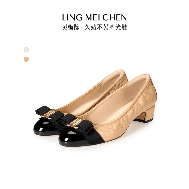 苏西【绗缝圆头】羊皮撞色3.5CM低跟轻奢舒适气质增高灵梅陈高跟鞋