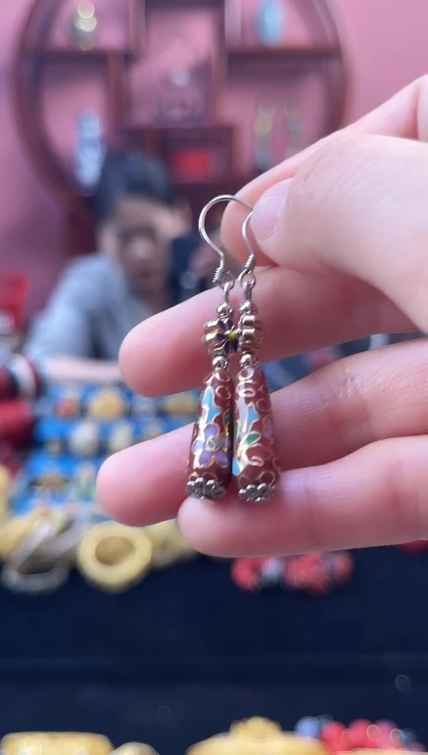 非遗 景泰蓝耳饰 水滴 红色