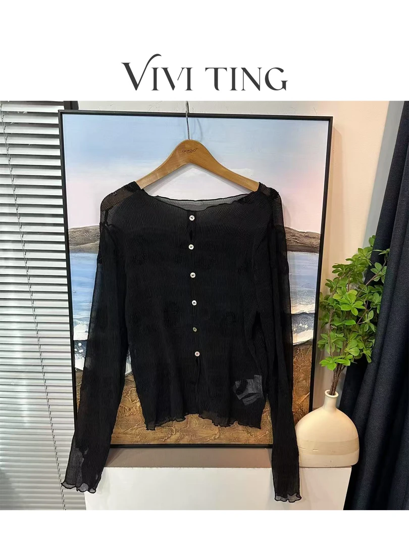 【VIVI·TING】婷姐推荐春装新款法式性感风透气羽毛刺绣单排扣开衫