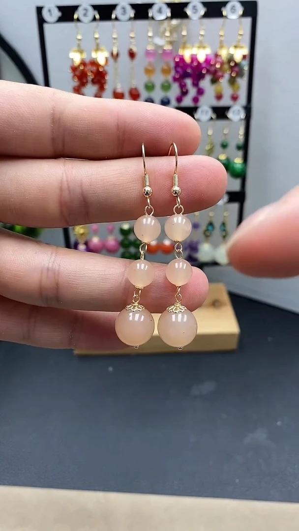 【闪购商品】和田玉耳饰银S925镀金镶嵌藕粉连珠尺寸12mm