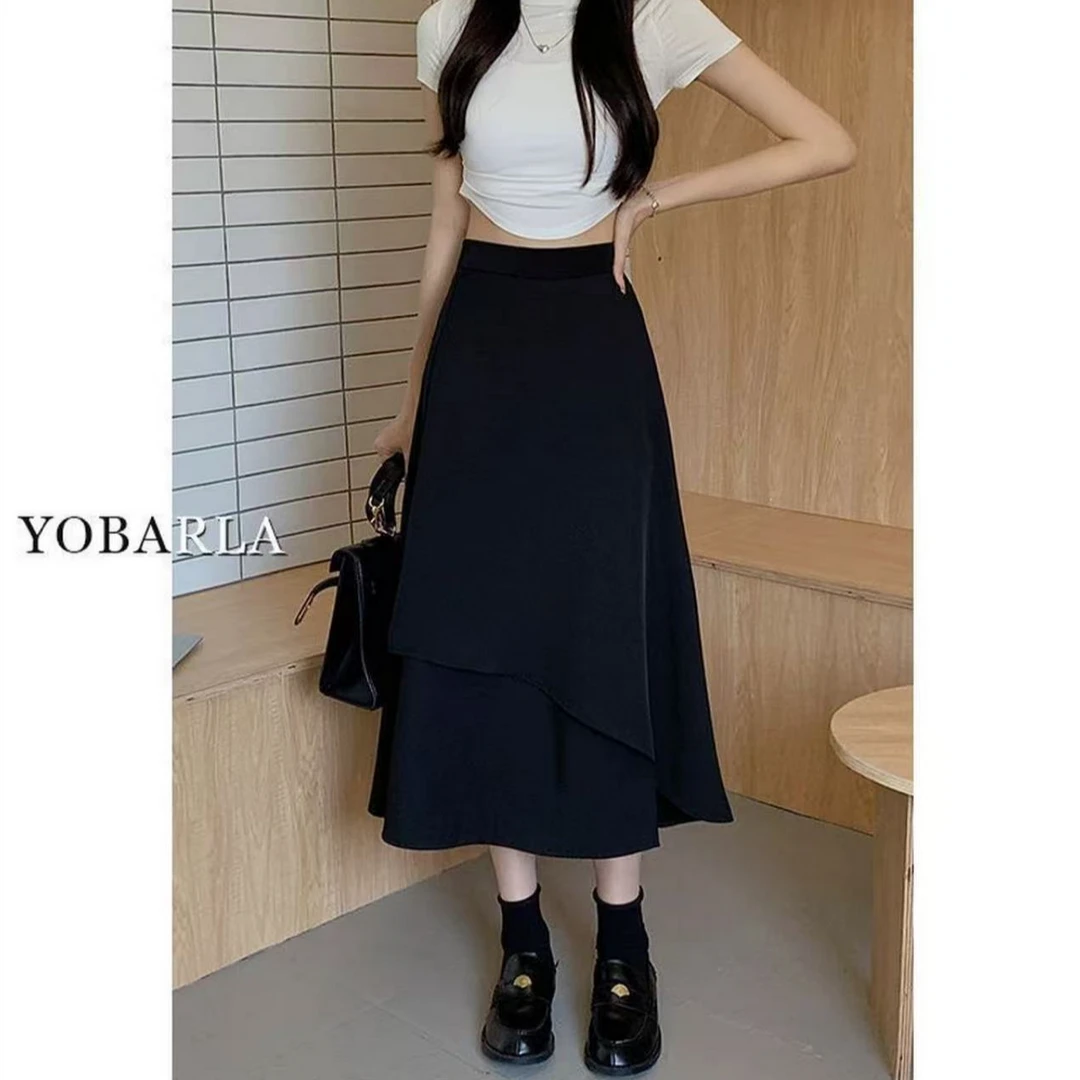 2025秋装新款女装简约中长纯色不规则A字半身裙