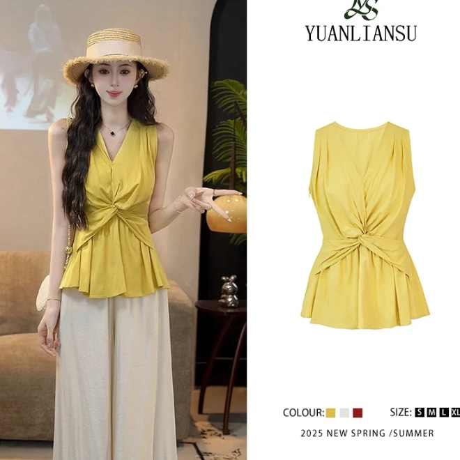 【山月小记】时尚法式休闲设计感扭结V领衬衫女