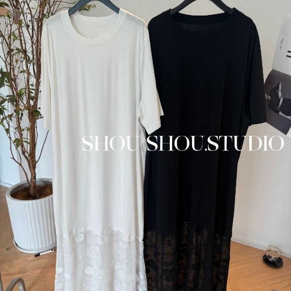 【瘦瘦】匹马棉-大码夏季圆领下摆蕾丝拼接宽松显瘦高弹T裙S01606