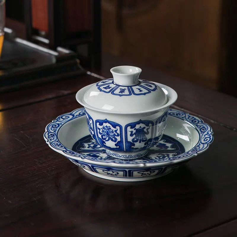 景德镇手工手绘釉下彩青花瓷暗八仙高端陶瓷茶具三才盖碗