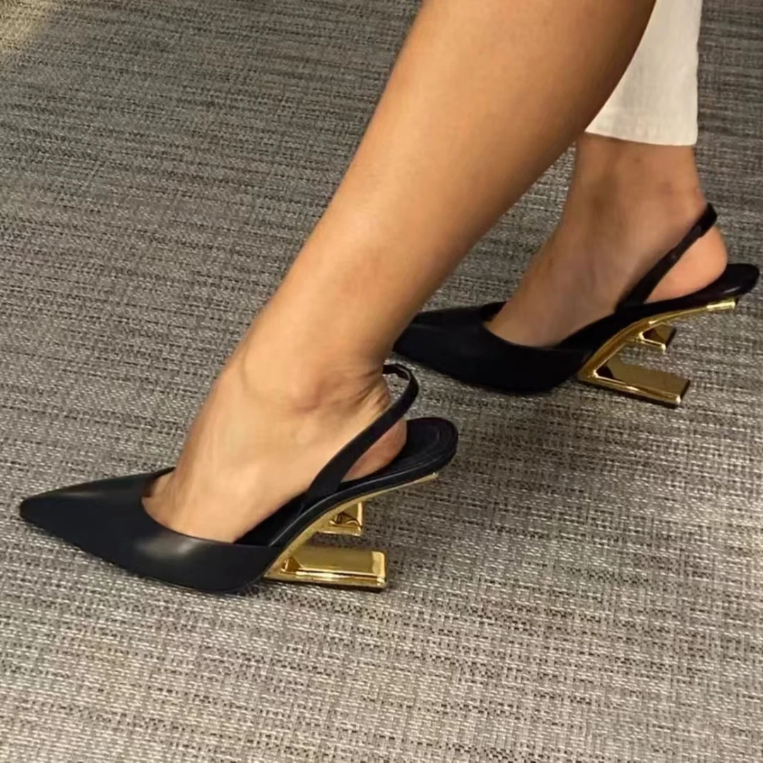 2025新款法式名媛尖头浅口羊皮后绊带高跟异形跟包头中空单鞋女鞋