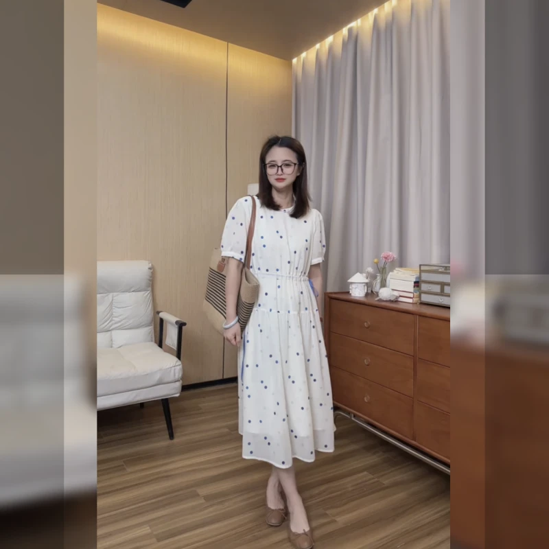 小个子彩色波点圆领连衣裙收腰显瘦遮肚子洋气法式减龄裙子039