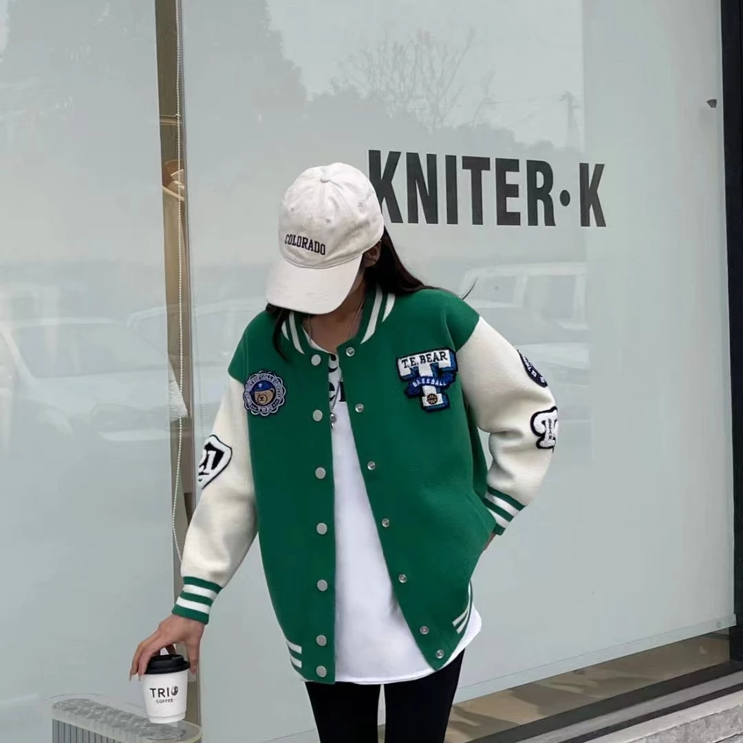 上衣字母洋气秋冬夹克刺绣外套宽松秋季欧美风保暖拼接冬季