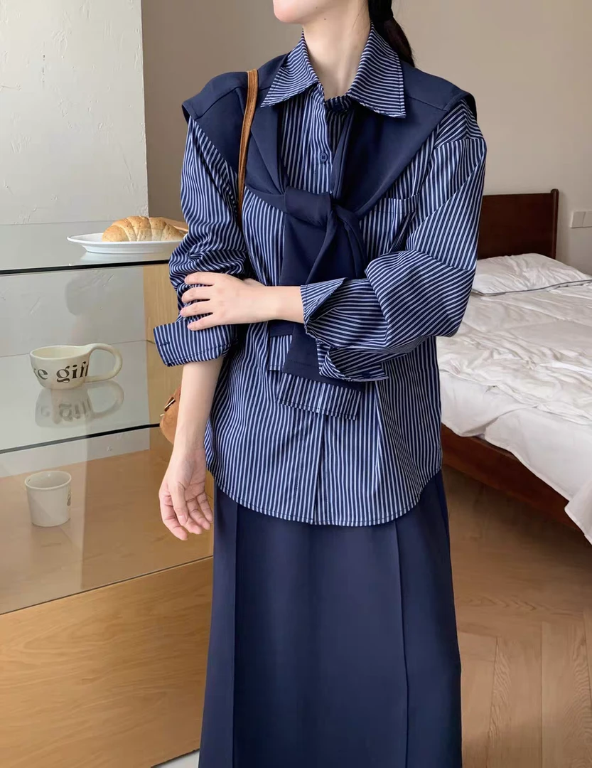 H5802松弛感王炸！条纹衬衫 + 披肩三件套，一衣多穿一键封神8816