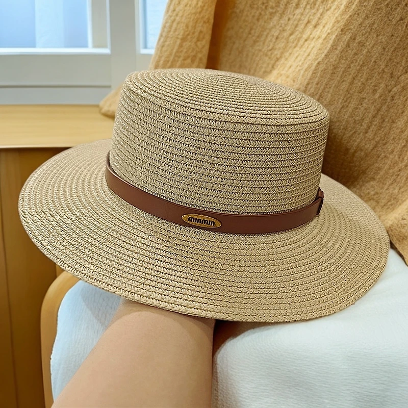法式平顶草帽女韩版复古字母大檐显脸小夏季礼帽海边沙滩遮阳帽