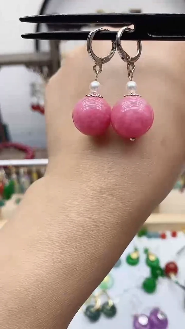 银S925镶嵌菱锰矿（红纹石）耳饰175