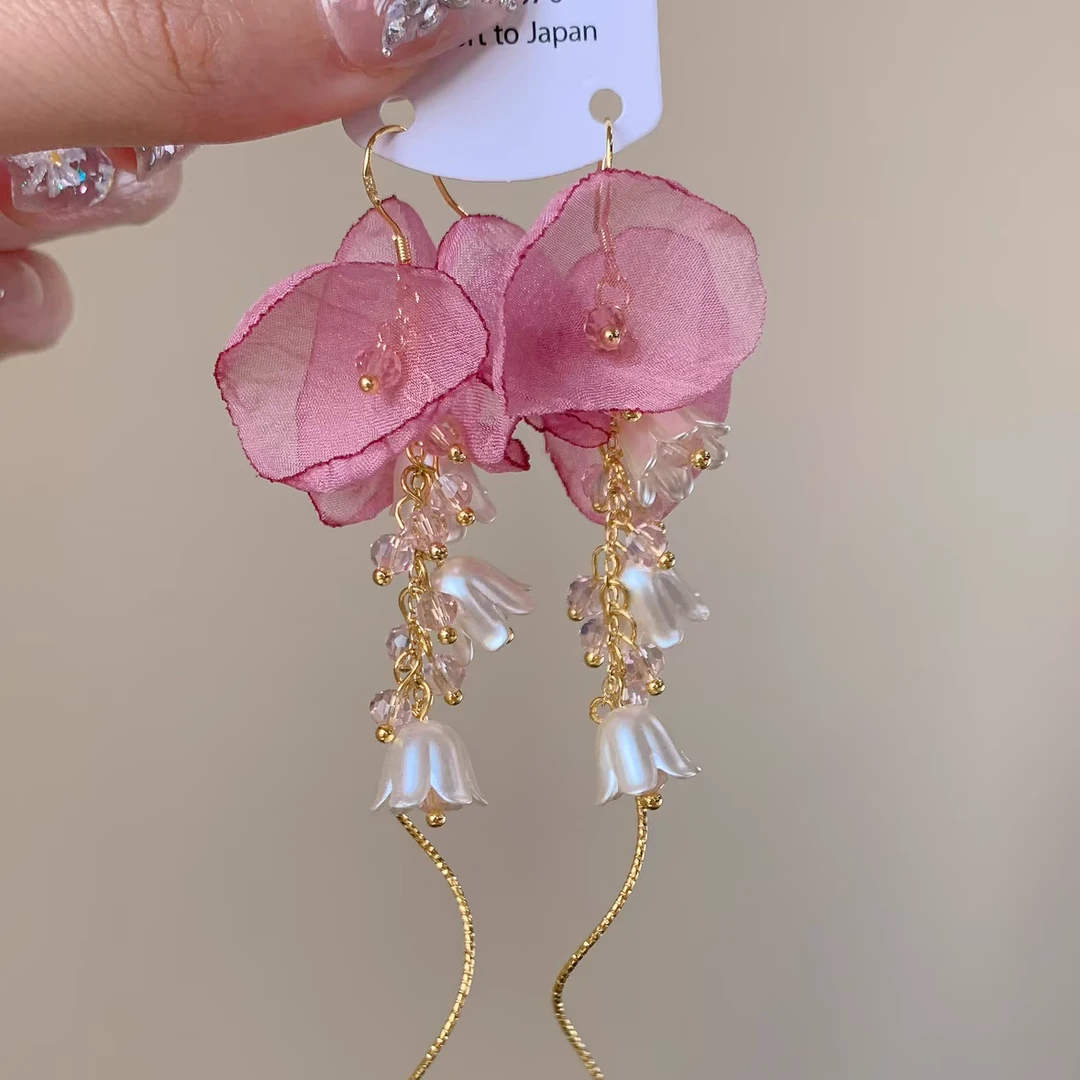 非金属布艺耳饰 温柔海棠花开~甜美百搭手工长款时尚流苏耳环气质